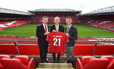 Anfield Stadium, Liverpool, 16 September 2021: [Pictured R-L] Liverpool FC Legend, Luis Garcia, is pictured alongside Fisk Johnson, Chairman and CEO SC Johnson, and Billy Hogan, CEO Liverpool Football Club at the launch of a new global sustainability partnership between the global maker of household consumer brands and Liverpool Football Club. Called Goals for Change, the partnership kicks off with a closed loop recycling model which aims to repurpose more than 500,000 plastic bottles used at Anfield each season.