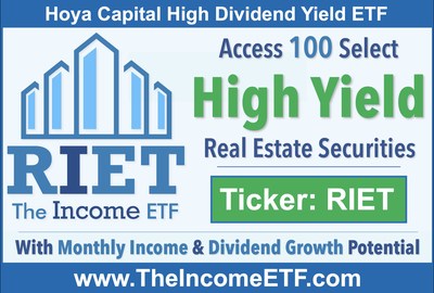 RIET tracks the Hoya Capital High Dividend Yield Index ("RIET Index"), a rules-based index designed to provide diversified exposure to 100 of the highest dividend-yielding real estate securities in the United States. 

RIET expects to pay monthly distributions. The RIET Index Dividend Yield as of 8/31/2021 is <percent>6.70%</percent>.*

The launch of RIET follows the successful launch of Hoya Capital Housing ETF (Ticker: HOMZ), which was awarded the "Most Innovative & Successful ETF Launch" of 2019 by ETF Express.