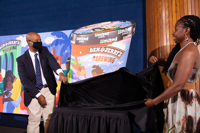 Jabari Paul of Ben & Jerry's and Monifa Bandele of Movement 4 Black Lives unveil Ben & Jerry's newest flavor, Change is Brewing.