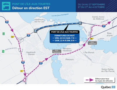 Fermeture de nuit du pont de l’île-aux-Tourtes - Détour en direction Est (Groupe CNW/Ministère des Transports)