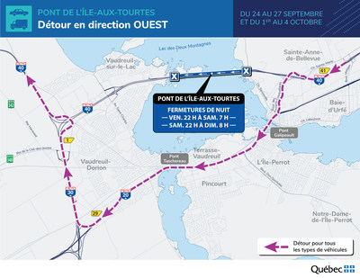 Fermeture de nuit du pont de l’île-aux-Tourtes - Détour en direction Ouest (Groupe CNW/Ministère des Transports)