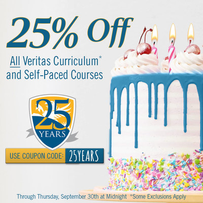 Celebrate with us by using code 25YEARS at checkout on veritaspress.com to save 25% on curriculum and Self-Paced courses.