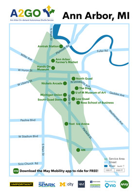 The A2GO on-demand shuttle service area covers a 2.64 square-mile service area connecting Kerrytown with Downtown Ann Arbor, the University of Michigan's Central and South campuses, Pulse Campus and the State Street corridor.