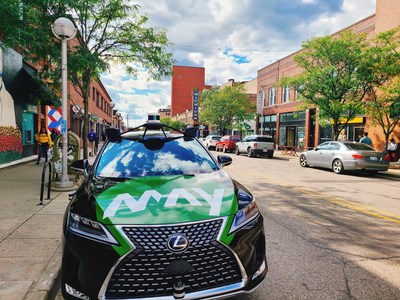 A May Mobility shuttle is pictured on Liberty street in Downtown Ann Arbor, part of the A2GO free on-demand autonomous shuttle service area.