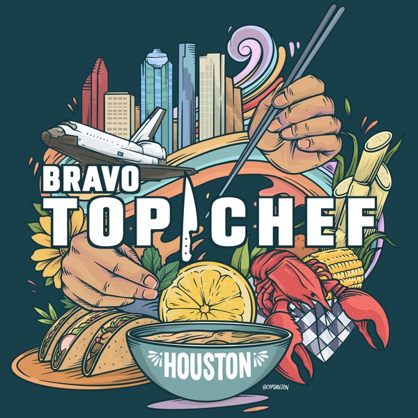 In addition to being a city with incredible food, Houston is known for its great street art. Bringing those two strands together, local artist David Maldonado has created a spectacular mural interpretation of the Top Chef logo.