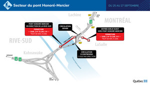 Route 138 entre Kahnawake et Montréal (arrondissement de LaSalle) - Une voie ouverte par direction sur le pont Honoré-Mercier durant la fin de semaine du 24 septembre