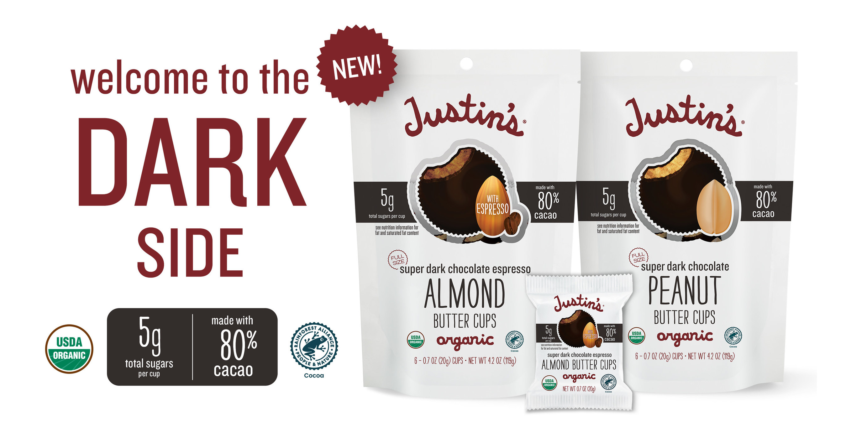 Justin's Welcomes You to The Dark Side with New Super Dark Chocolate Nut  Butter Cups