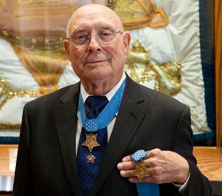 World War II veteran and Medal of Honor Recipient Hershel W. “Woody” Williams, U.S. Marine Corps (Ret.), received the Medal of Honor from President Harry Truman for extraordinary valor at the Battle of Iwo Jima.
