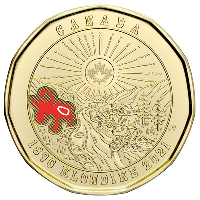 The Royal Canadian Mint's coloured version of the $1 circulation coin is issued on the occasion of the 125th anniversary of the Klondike Gold Rush (CNW Group/Royal Canadian Mint)