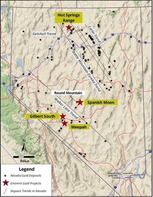 Figure 1. Location map showing the Spanish Moon District is adjacent to the Walker Lane Trend, Nevada (CNW Group/Eminent Gold Corp.)