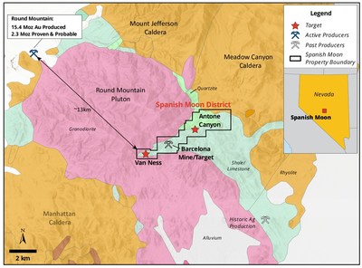 Figure 2. Regional Geology Map from ArcMap Online data sources showing the Spanish Moon District that encompasses Spanish Moon, Barcelona, and numerous historic mines. Round Mountain gold production, proven and probable values from Patterson (2020)1 and Kinross (2021)2. (CNW Group/Eminent Gold Corp.)