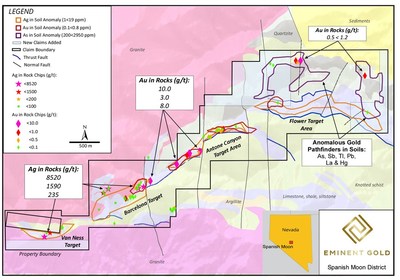 Figure 3. Project geologic map showing Ag-in-soil (orange), Au-in-soil (red), arsenic (purple) anomalies as respective polygons. Anomalous Ag (stars) and Au (diamonds) assays from rock chips shown on the map are sourced from one of: mill dump, mine tailings, prospect pit, or outcrop. Subsequent figures display more detailed sample information for each site. (CNW Group/Eminent Gold Corp.)