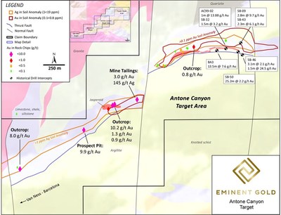 Figure 5. Small scale map of the Antone Canyon target area forming the central domain of Spanish Moon. The map displays anomalous high-grade Au in rock samples along with their respective source location. (CNW Group/Eminent Gold Corp.)