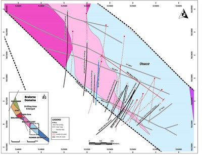 Figure 2: Plan view map showing drill hole collar and traces within the Pioneer Zone with current strike extend of mineralization. (CNW Group/Talisker Resources Ltd)