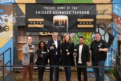 Diageo leaders gather to celebrate the announcement of Guinness' Chicago taproom, slated to open in 2023. From L to R: Hakan Kulturlu, Director, Transformation, Diageo Beer Company; Danielle Robinson, Director, Alcohol Policy and Reputation Management at Diageo; Nuno Teles, President, Diageo Beer Company USA; Allison Miller, Head of Facilities and Real Estate for Diageo; Jay Sethi, CMO, Diageo Beer Company USA; Michael Donilon, General Manager, Open Gate Brewery