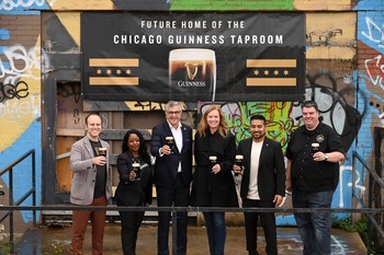 Diageo leaders gather to celebrate the announcement of Guinness' Chicago taproom, slated to open in 2023. From L to R: Hakan Kulturlu, Director, Transformation, Diageo Beer Company; Danielle Robinson, Director, Alcohol Policy and Reputation Management at Diageo; Nuno Teles, President, Diageo Beer Company USA; Allison Miller, Head of Facilities and Real Estate for Diageo; Jay Sethi, CMO, Diageo Beer Company USA; Michael Donilon, General Manager, Open Gate Brewery