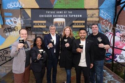 Diageo leaders gather to celebrate the announcement of Guinness' Chicago taproom, slated to open in 2023. From L to R: Hakan Kulturlu, Director, Transformation, Diageo Beer Company; Danielle Robinson, Director, Alcohol Policy and Reputation Management at Diageo; Nuno Teles, President, Diageo Beer Company USA; Allison Miller, Head of Facilities and Real Estate for Diageo; Jay Sethi, CMO, Diageo Beer Company USA; Michael Donilon, General Manager, Open Gate Brewery