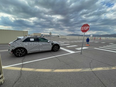 Motional’s research vehicle for the Hyundai IONIQ 5 robotaxi on its Las Vegas test track.