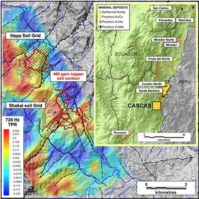 Figure 1. Location map of Hapa showing Cascas soil sample grids, major faults and ZTEM geophysics (CNW Group/Luminex Resources Corp.)