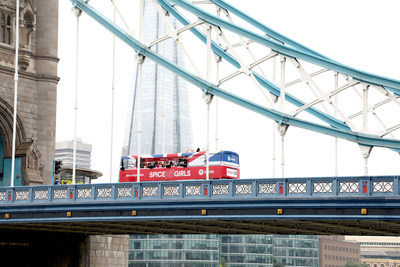 A general view of Spotify's Spice Girls Tour Bus on Tower Bridge to celebrate 25 years of the Spice Girls on September 19, 2021, in London, England. (Photo by Lia Toby/Getty Images for Spotify) (PRNewsfoto/Spotify)