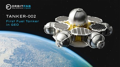 Design concept for Orbit Fab’s Tanker-002, mounted on a Spaceflight Sherpa-ES in transit to geostationary orbit.