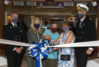 From left to right: Hotel General Manager Riccardo Capraro, Princess Cruises President Jan Swartz, First Guests Blake and Lara Handler and Captain Andrea Spinardi celebrate Grand Princess return with ribbon cutting.