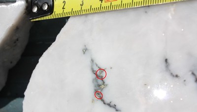 Figure 5 - HVD006 Visible gold within sulphides from interval 151.5 – 151.9m downhole (CNW Group/E79 Resources Corp.)