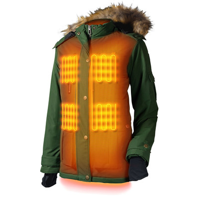 The Arcadia Heated Parka has 5 heat zones, 4 in the front and a large zone in the back, lasts up to 9 hours, and is machine washable.