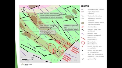 Exhibit 2. ‘After’ Geological Map (with Ground Magnetic Data) of Carrickittle Zinc Prospect, PG West (CNW Group/Group Eleven Resources Corp.)