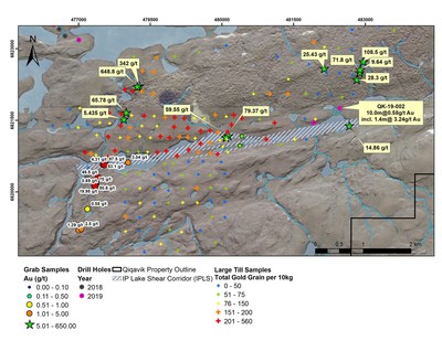 Figure 1: The IP Lake Shear Corridor (IPLS) shown with 3 high grade boulder train and 2019/2021 gold grains in till - Note that grab samples are selective by nature and values reported may not be representative of mineralized zones. Till gold grain results from IOS Geoscientific, total gold grain is coarse(+50um) plus fine (-50um). Grab samples labeled in g/t Au are 2021 rush assay results. (CNW Group/Orford Mining Corporation)
