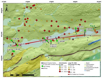 Figure 3: 2021 Drilling Shown on Regional Geology Map - Note that grab samples are selective by nature and values reported may not be representative of mineralized zones (CNW Group/Orford Mining Corporation)