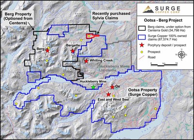 Figure 1. Ootsa-Berg regional claim map showing newly acquired Sylvia claims. (CNW Group/Surge Copper Corp.)