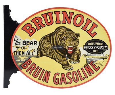Rare and outstanding Bruinoil & Bruin Gasoline double-sided die-cut tin flange sign, circa 1920s, Butler Oil Co., Butler, Pa. Likely new/old stock and one of the best of all known examples. Estimate $35,000-$50,000