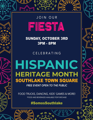 In celebration of Hispanic Heritage Month, Southlake local leaders and residents invite the public to enjoy a FIESTA filled with food, music, and fun. This first-of-its-kind celebration will take place on October 3rd from 3 pm to 8 pm at Southlake Town Square. The event is FREE and, open to the public.