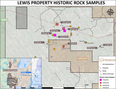 Map 1: Lewis Property Historic Rock Samples & Current Soil Sample Lines (CNW Group/Etruscus Resources Corp.) Map 1: Lewis Property Historic Rock Samples & Current Soil Sample Lines (CNW Group/Etruscus Resources Corp.)