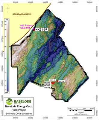 FIGURE 1: Hook project overview; Ackio (HK21-07) and Beckett (HK21-01 to HK21-06) target areas, including 92 Energy's Gemini (GEM-004) discovery drill hole (pink circle) (CNW Group/Baselode Energy Corp.)