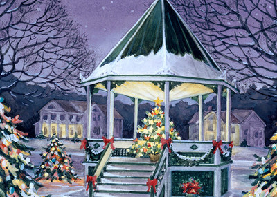 Painting of New Milford, Connecticut 'Bandstand in Winter' by local artist Lorraine Ryan.