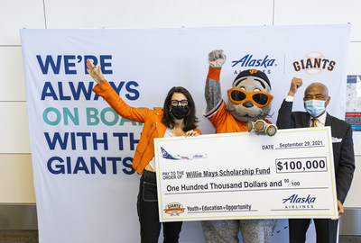 Alaska Airlines presents <money>$100,000</money> check to the Willie Mays Scholarship Fund, a program that supports college aspirations for San Francisco's Black youth