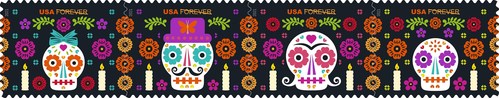 The four colorful Day of the Dead stamps feature several iconic elements of a traditional Day of the Dead ofrenda. Stylized, decorated “sugar skulls” are personalized as four family members, one per stamp: a child with a hair bow, a father sporting a hat and mustache, a mother with curled hair and another child.