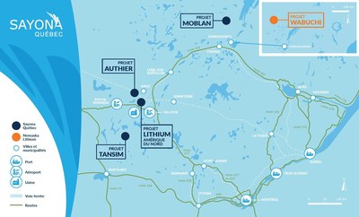 Figure 4: Localisation du projet Moblan et d'autres projets de lithium au Qubec (Groupe CNW/Sayona Mining Limited)