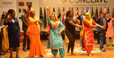 Ambassadors of various countries performing the folk dance of Punjab Bhangra with the students of Chandigarh University during the Diplomatic Conclave
