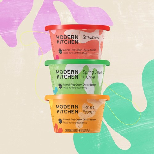 Modern Kitchen animal-free cream cheese available in in three chef-inspired flavors including Strawberry, Spring Onion + Chive and Spiced Harissa