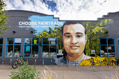 Johnny Gabriel Navas Aquim Mural, by Reggie LeFlore, located at Twin Cities Co-op Partners' Wedge Location in Minneapolis. Reggie is a 26 year-old, third-generation, small-scale banana farmer in Ecuador, and a member of the Fairtrade-certified AsoGuabo co-operative. This mural is one of three commissioned by Fairtrade America for its second annual 'Choose Fairtrade: Choose the world you want.' campaign and celebrates how choosing Fairtrade helps fight poverty. -Photo Credit Andrés Pérez