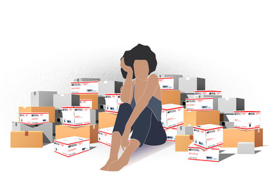 Graphic of anonymous woman sitting among stacks of packages