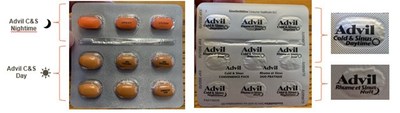 Incorrectly labelled Advil Cold & Sinus Day/Night Convenience Pack blister pack, front and back. The top row contains orange nighttime caplets, followed by two rows of beige daytime caplets. The foil backing on the blister pack is rotated upside down and misaligned, so the nighttime caplets are labelled as daytime caplets, and some daytime caplets are labelled as nighttime caplets. (CNW Group/Health Canada)