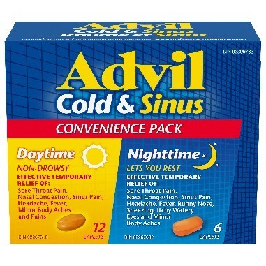 Advil Cold & Sinus Day/Night Convenience Pack Box of 18 caplets (12 daytime and 6 nighttime) (CNW Group/Health Canada)