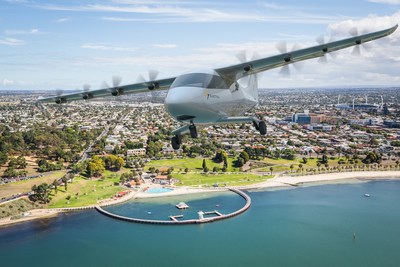An illustration of an Electra eSTOL aircraft flying out of Geelong, near Melbourne, Australia