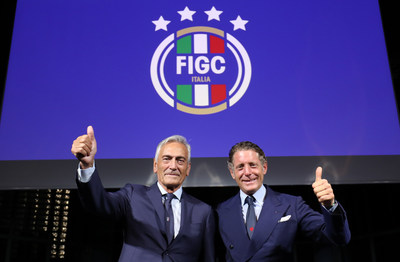GABRIELE GRAVINA AND LAPO ELKANN WITH THE FIGC INSTITUTIONAL LOGO
