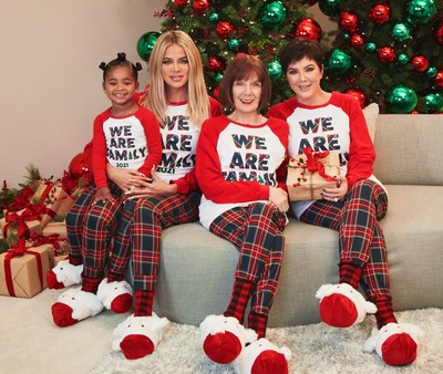 Khloé Kardashian and her daughter, True, and Kris Jenner and her mom, MJ Shannon wear The Children's Place 2021 Holiday Matching Family Pajamas.