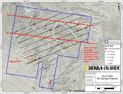 Figure 5. Gold-in-soil results for the B&C Springs-Mildred property. (CNW Group/Sierra Grande Minerals Inc.)